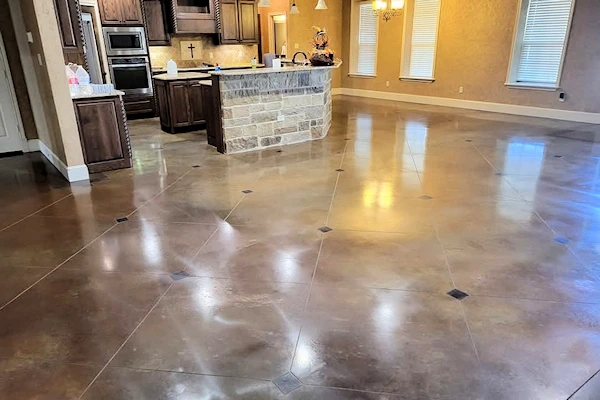 Stained concrete kitchen floor.